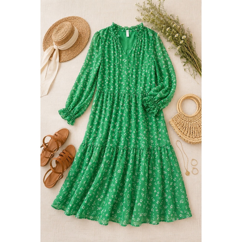 H&M Kelly Green Floral Maxi Dress Ditsy Boho Tiered Sheer Lined SzS Flowy Gauzy